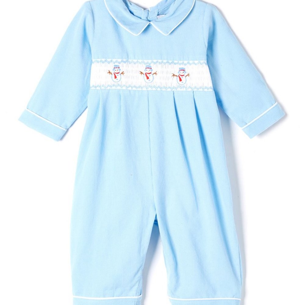 Fantaisie Kids - Blue Corduroy Smocked Snowman Romper - 6M